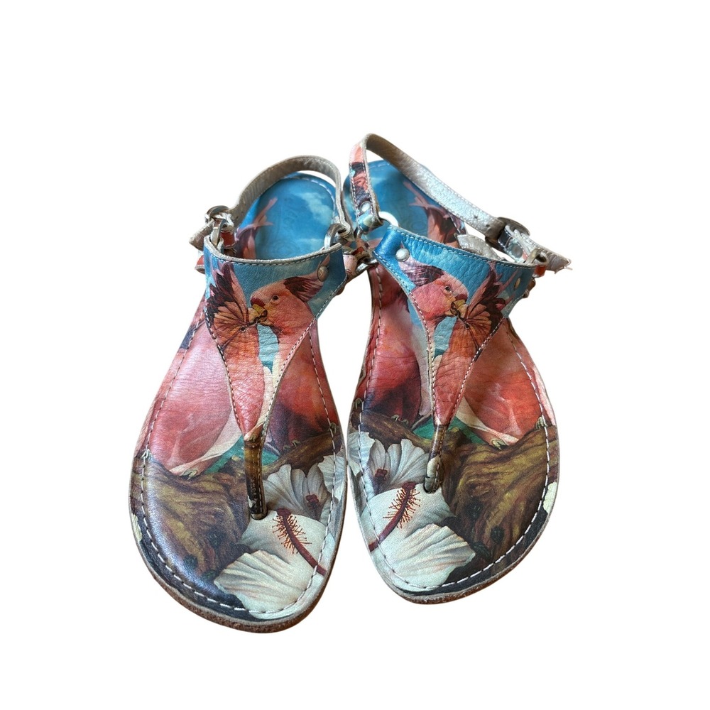 Icon Tropical Bird Floral Sandals Womens Multicolor T-Strap Flat SIZE 8
